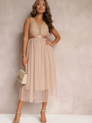 Ciemnobeżowa Tiulowa Sukienka Rozkloszowana z Koronką Phyvana elsa.m by may