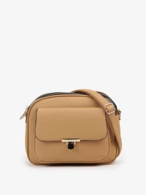 Ciemnobeżowa Torebka Listonoszka Trzykomorowa z Ozdobną Klapą Nanitiela