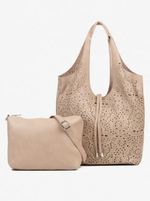 Ciemnobeżowa Torebka Shopper z Ażurowym Wzorem i Dodatkową Saszetką Merabella coo& co