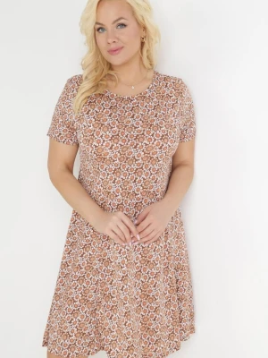 Ciemnobeżowa Trapezowa Sukienka Mini w Kwiatowy Wzór Aganis Sweet&girl Beżowy