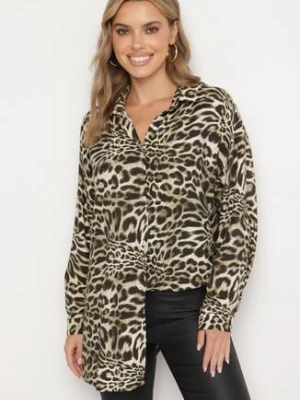 Ciemnobeżowa Wiskozowa Koszula w Panterkę z Lnem o Kroju Oversize Sanorith melya by melody