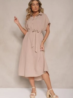 Ciemnobeżowa Wiskozowa Sukienka Koszulowa z Wiązanym Paskiem w Talii Vanisti cflo