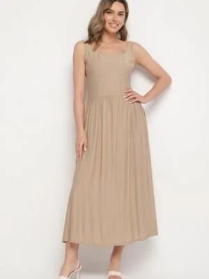 Ciemnobeżowa Wiskozowa Sukienka o Rozkloszowanym Kroju Milareina lovery