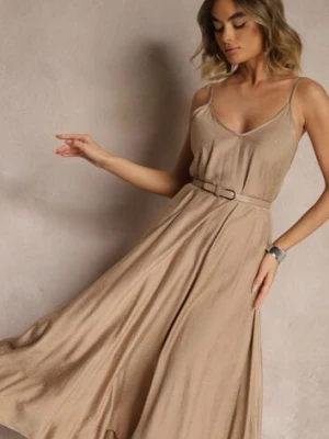 Ciemnobeżowa Wiskozowa Sukienka o Rozkloszowanym Kroju Ozdobiona Cyrkoniami Tosnaria cflo