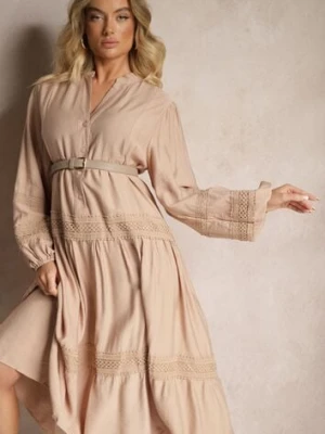 Ciemnobeżowa Wiskozowa Sukienka Ozdobiona Koronką Nelanira maja studio