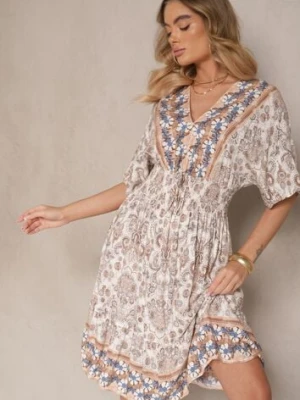 Ciemnobeżowa Wiskozowa Sukienka w Ornamentalny Print z Szeroką Gumką w Talii Danissna cflo