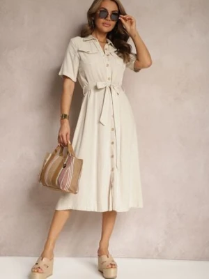 Ciemnobeżowa Wiskozowa Sukienka z Lnem i Guzikami oraz Krótkim Rękawem Ozdobiona Materiałowym Paskiem Gracilla bisou's project