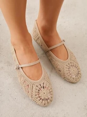 Ciemnobeżowe Ażurowe Balerinki VICES w Stylu Boho z Paskiem z Klamerką Phepheu