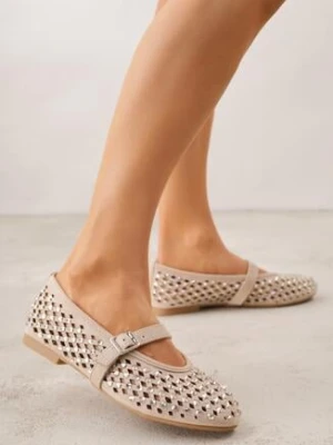 Ciemnobeżowe Ażurowe Balerinki z Paskiem z Klamerką i Cyrkoniami Feanoene