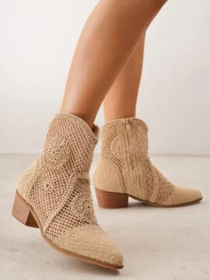 Ciemnobeżowe Ażurowe Botki Kowbojki VICES na Niskim Obcasie Azimessa