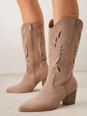 Ciemnobeżowe Ażurowe Botki Kowbojki VICES na Słupku Falenatea