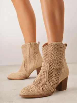 Ciemnobeżowe Ażurowe Botki Kowbojki VICES na Stożkowym Obcasie Natesela