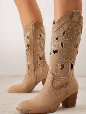 Ciemnobeżowe Ażurowe Botki Kowbojki VICES na Stożku Zdobione Nitami Sennatea