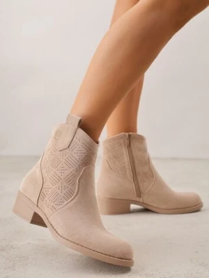 Ciemnobeżowe Ażurowe Botki na Słupku Typu Kowbojki Iolerine