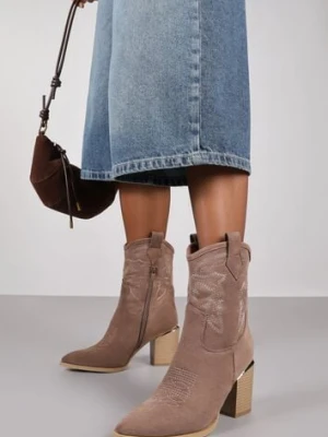 Ciemnobeżowe Ażurowe Botki na Słupku w Kowbojskim Stylu Mevith