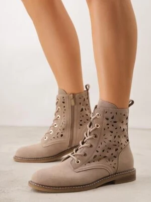 Ciemnobeżowe Ażurowe Botki Skórzane Adeis siwiecki