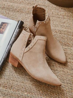 Ciemnobeżowe Ażurowe Botki Vices na Obcasie Ozdobione Wycięciem i Nitami Lilfedi