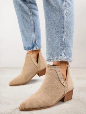 Ciemnobeżowe Ażurowe Botki Vices na Obcasie Ozdobione Wycięciem i Nitami Lilfedi