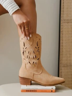 Ciemnobeżowe Ażurowe Botki Vices na Obcasie w Stylu Kowbojek Helori