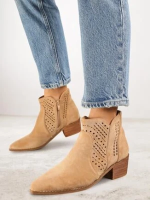 Ciemnobeżowe Ażurowe Botki Vices na Obcasie w Stylu Kowbojek Selrith