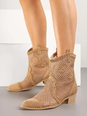 Ciemnobeżowe Ażurowe Botki w Stylu Kowbojek na Stożku ze Skórzaną Wkładką Xalozi sergio todzi