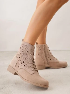 Ciemnobeżowe Ażurowe Botki ze Sznurowaną Cholewką Sephylia