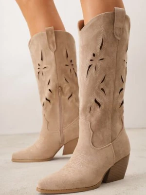 Ciemnobeżowe Ażurowe Kozaki Kowbojki na Obcasie typu Stożek Tidrina