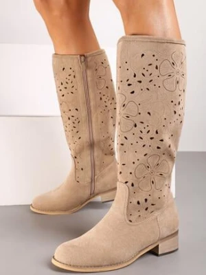 Ciemnobeżowe Ażurowe Płaskie Kozaki w Stylu Boho Zapinane na Suwak Velmara