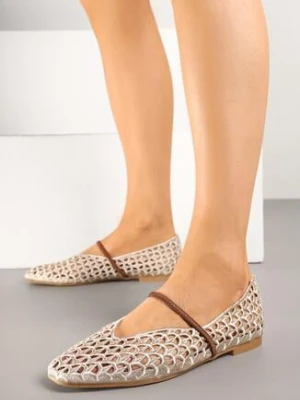 Ciemnobeżowe Balerinki Boho z Szydełkową Cholewką z Paskiem Vocele ideal