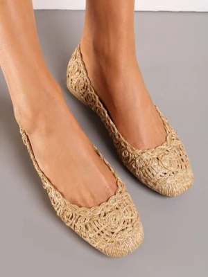 Ciemnobeżowe Balerinki na Płaskiej Podeszwie z Ażurowym Wzorem z Plecionki Erolani