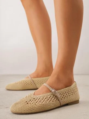 Ciemnobeżowe Balerinki VICES z Plecioną Cholewką i Paskiem z Klamerką Nesaphise