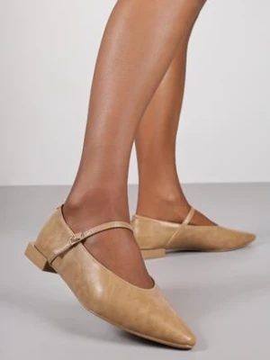 Ciemnobeżowe Balerinki Vices ze Skórzaną Wkładką i Paskiem z Klamerką Eslerie