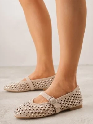 Ciemnobeżowe Balerinki w Stylu Mary Jane z Cyrkoniami i Ażurową Cholewką Lyphenne