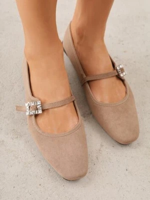 Ciemnobeżowe Balerinki z Imitacji Zamszu o Fasonie Mary Jane z Cyrkoniową Klamrą Ireltise