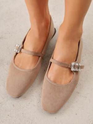 Ciemnobeżowe Balerinki z Imitacji Zamszu z Paskiem z Biżuteryjną Klamerką Elintora