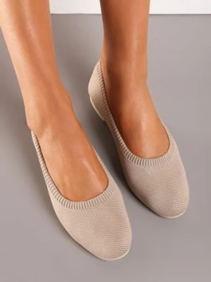 Ciemnobeżowe Balerinki z Okrągłym Noskiem i Materiałową Cholewką Mililena