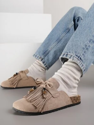 Ciemnobeżowe Boho Klapki Mule z Imitacji Zamszu z Frędzlami i Koralikami Elwedila bestelle