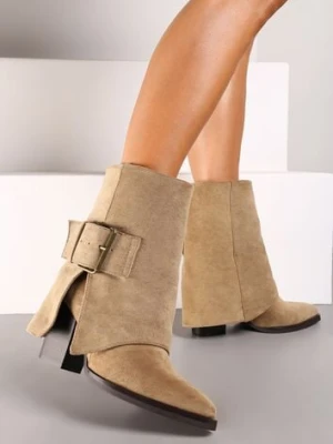 Ciemnobeżowe Botki Kowbojki na Słupku Ozdobione Wywiniętą Cholewką Ansinae