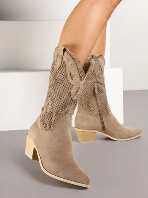 Ciemnobeżowe Botki Kowbojki na Słupku z Ażurową Cholewką Felmira