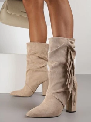 Ciemnobeżowe Botki Kowbojki na Słupku z Frędzlami Reisetia joalice paris
