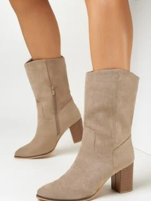 Ciemnobeżowe Botki Kowbojki na Słupku ze Szpiczastym Noskiem Narba