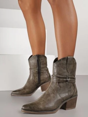 Ciemnobeżowe Botki Kowbojki na Stożkowym Obcasie z Cholewką z Rzemykiem Zoiana m.daszynski