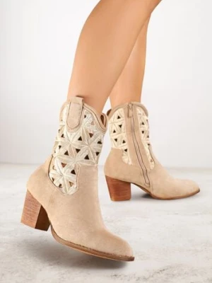 Ciemnobeżowe Botki Kowbojki Vices na Słupku z Geometrycznym Motywem Sarori