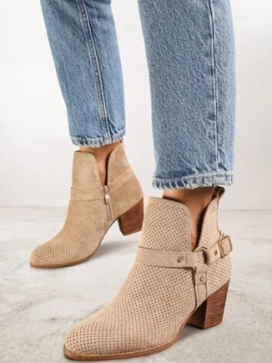 Ciemnobeżowe Botki Kowbojki Vices na Słupku z Klamrą Falfedi