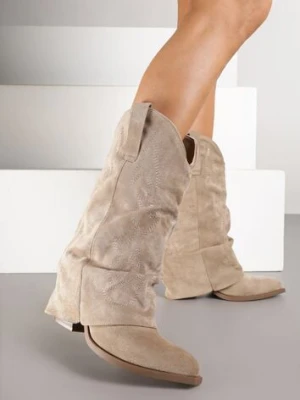 Ciemnobeżowe Botki Kowbojki z Cholewką Imitującą Nogawkę Zellaxie ideal