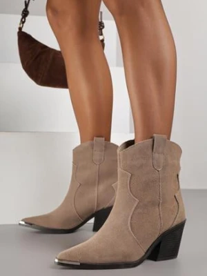 Ciemnobeżowe Botki Kowbojki ze Skóry Naturalnej Zdobione Metalicznym Noskiem Saberra ideal