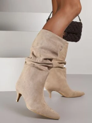 Ciemnobeżowe Botki na Kaczuszce z Marszczoną Cholewką Nalorena marquiiz