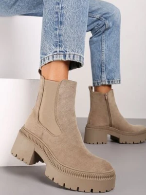 Ciemnobeżowe Botki na Słupku i Platformie Sztyblety Grunge z Elastyczną Cholewką Lericea