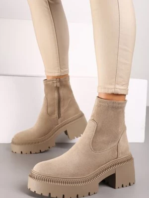 Ciemnobeżowe Botki Sztyblety na Słupku z Dopasowaną Cholewką Hesliara