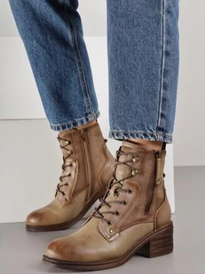 Ciemnobeżowe Botki Trzewiki na Klockowym Obcasie Zdobione Suwakiem Salittea lady glory